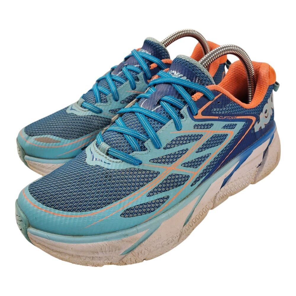 HOKA One One Shoes CLIFTON 3 Womens Size 9.5 Blue Orange Running Sneaker F27216K